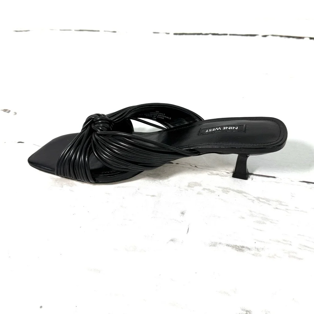 Nine West Dafidil Womens Sandals 9 M Black Leather Slip On Kitten Heels